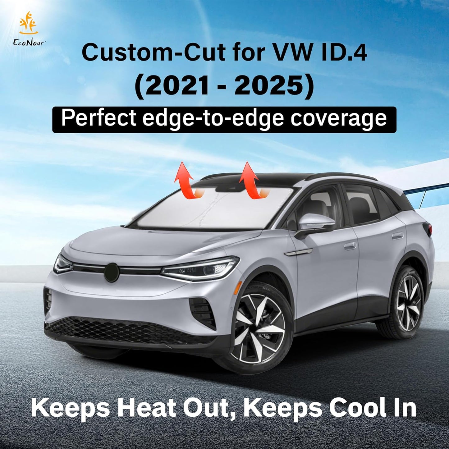 Econour Windshield Sun Shade for Volkswagen Atlas Accessories 2018-2024 2025 VW Atlas Cross Sport Sunshade Foldable Sun Visor Protector Blocks UV Rays Keep Your Car Cooler