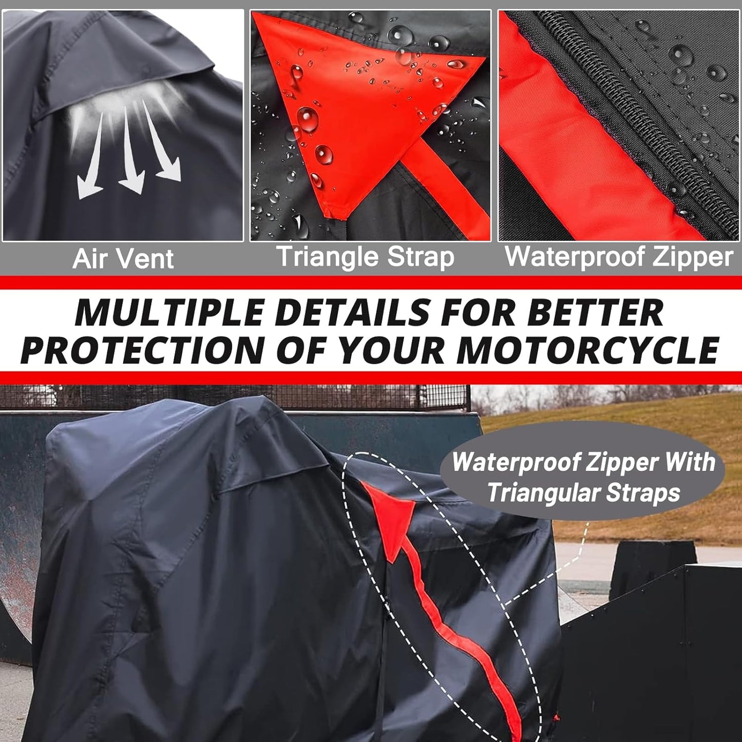 Motorcycle Cover,Waterproof Zipper Outdoor Cover for All Seasons Windproof, High Heat Resistance Dustproof and Rainproof Snowproof(Red Zipper L Fits Up to 91 inch)