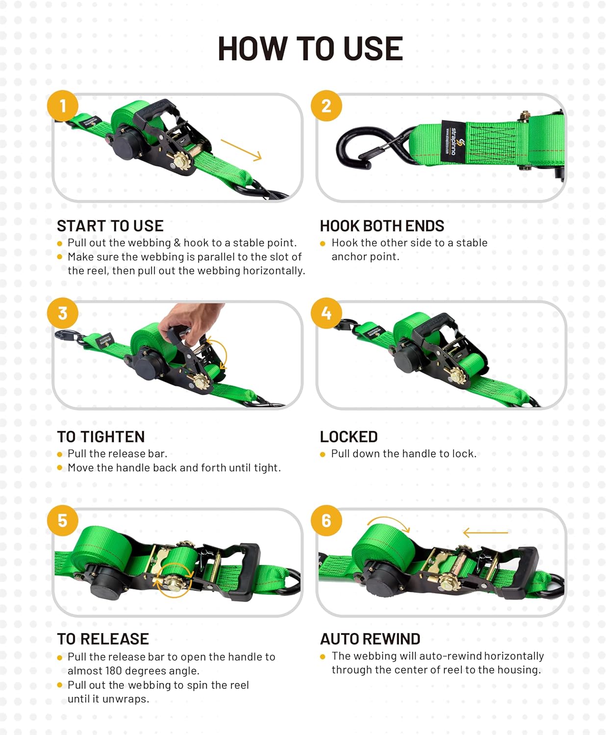 Strapinno Retractable Ratchet Tie-Down Straps,5,000 lbs Breaking Strength- 2 in x 12 ft Heavy Duty Ratchet Strap with Safety Lock S Hooks for Motorcycles, ATVs, UTVs, Lawn Equipment & Cargo (Green)