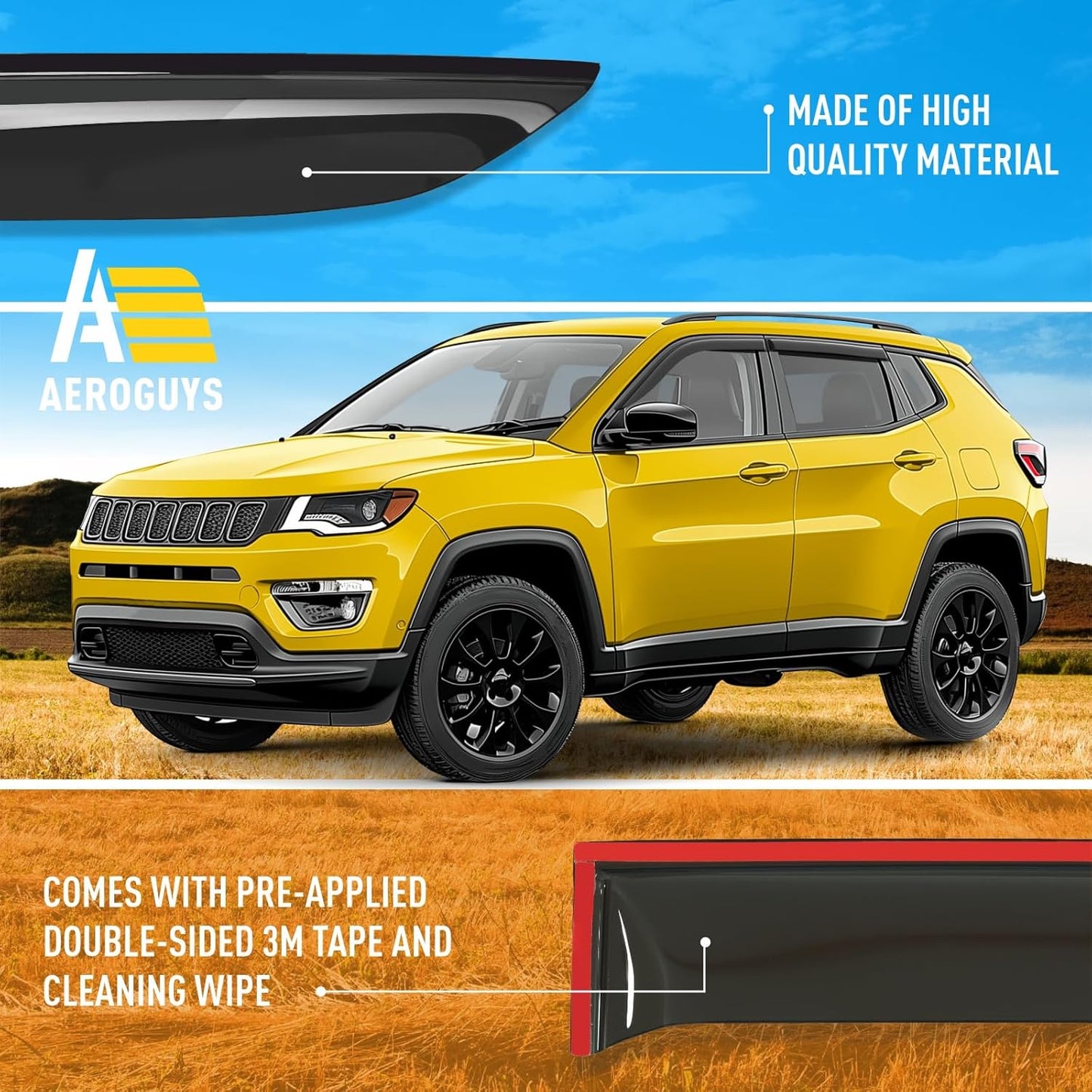 Extra Durable Window Deflectors Tape-On Window Visors Rain Guards Fit for Jeep Compass 2017-2025, Sun Visors, Wind Vent for Shades, Exterior Car Accessories - 4pcs. AG0729