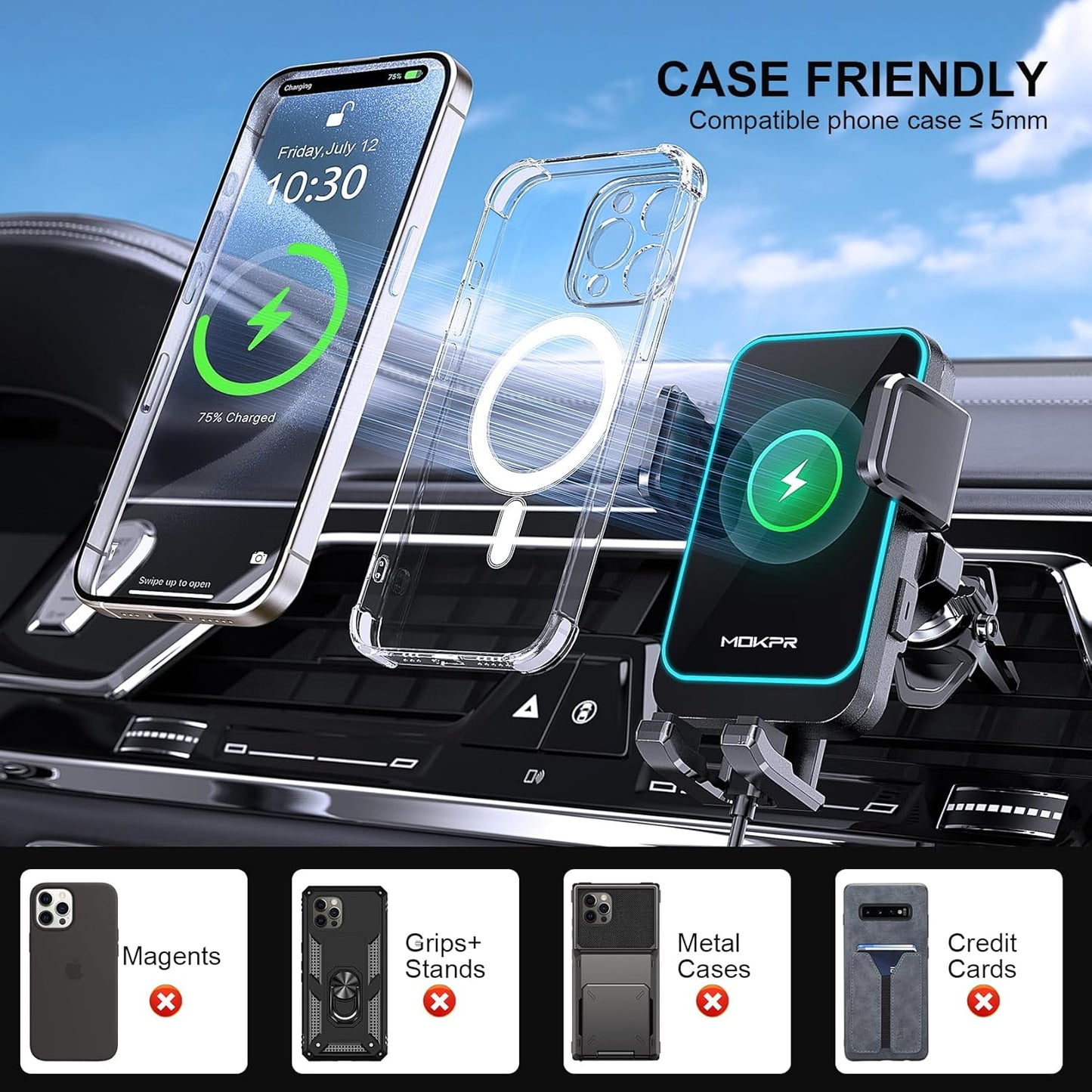 Wireless Car Charger, MOKPR 15W Fast Charging Auto Clamping CD Slot Air Vent Car Phone Holder with LED Light Car Charger for iPhone 16/15/14/13/12 Pro Max Plus, Samsung S23/S22/S21,etc