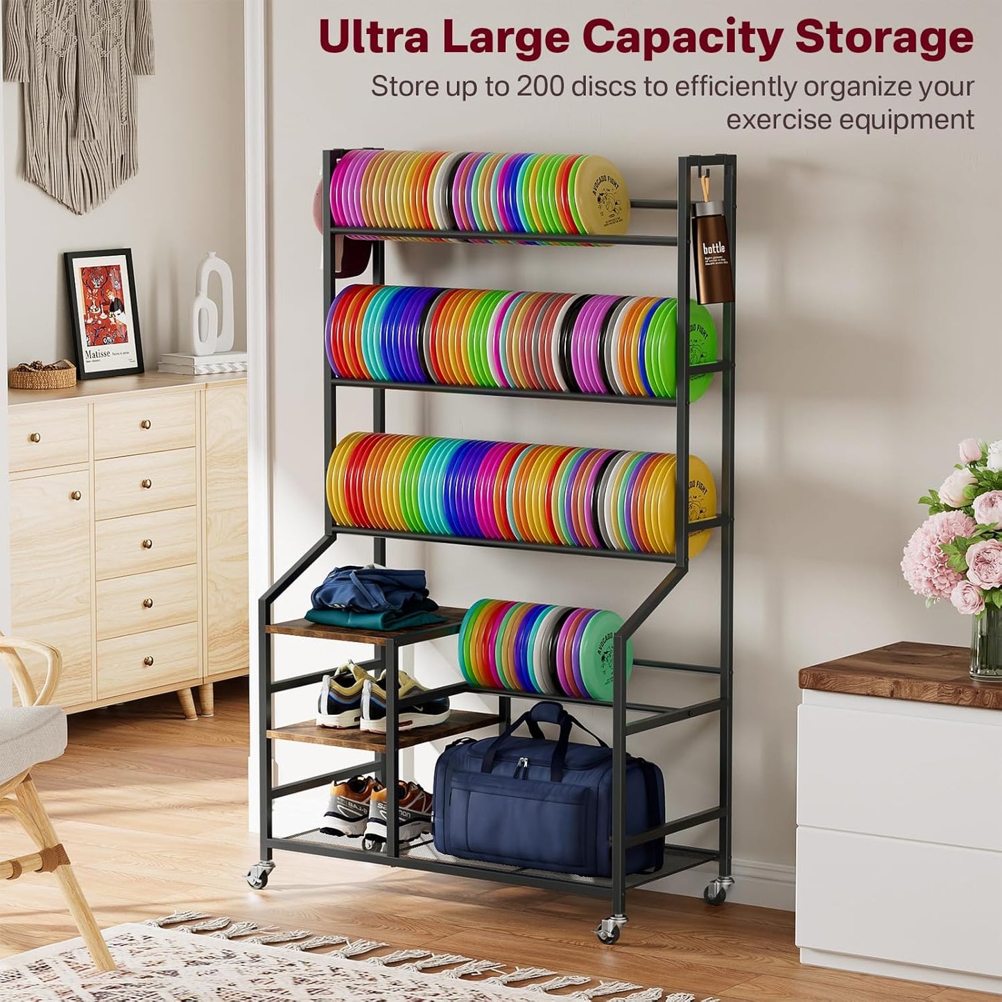 Portin 5 Tier Disc Golf Storage Rack, Disc Station Organizer with Hooks and wheels, Disc Golf Shelf for Storing Sports Equipment Accessories, Disc Golf Bag Basket Organizers for Home Garage Basement