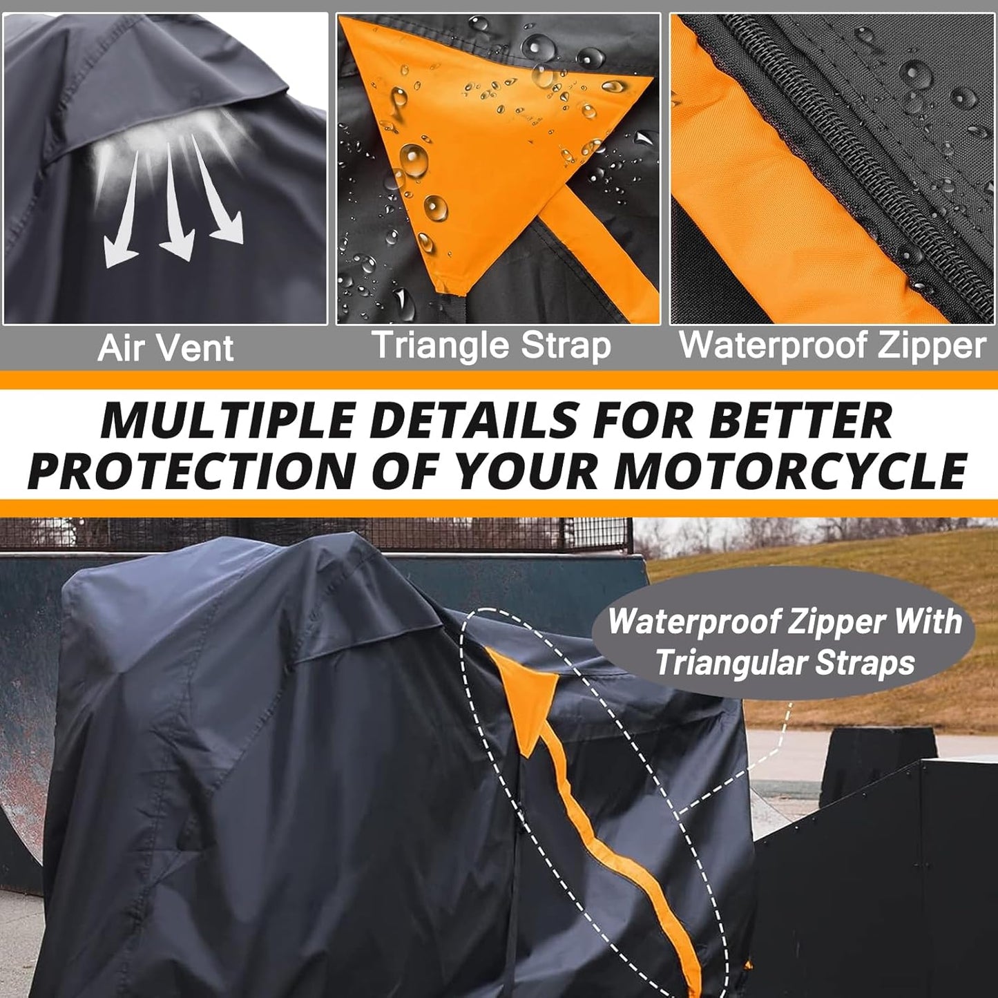 Motorcycle Cover,Waterproof Zipper Outdoor Cover for All Seasons Windproof, High Heat Resistance Dustproof and Rainproof Snowproof(Orange Zipper XXXL Fits Up to 116 inch)