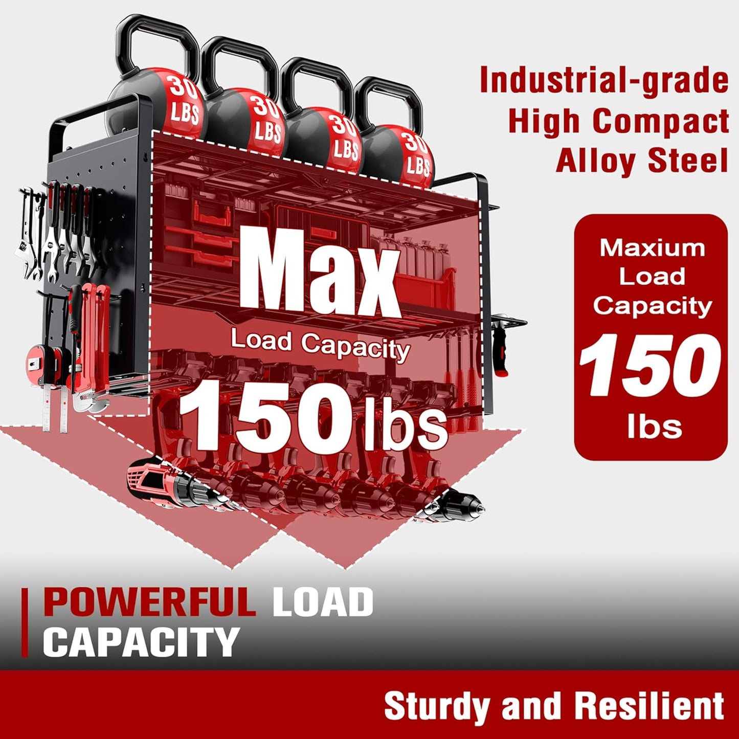 Power Tool Organizer Wall Mount - Pegboard with 7 Drill Holder - Heavy Duty Metal Tool Shelf for Garage Organization