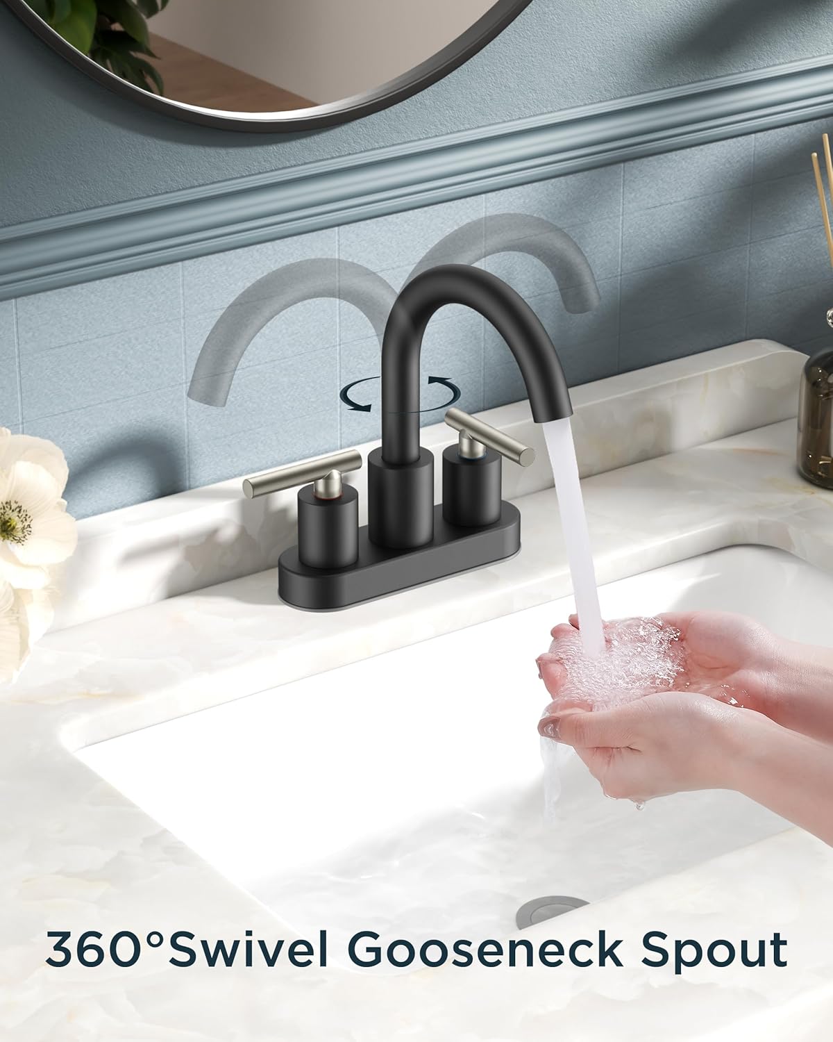 FORIOUS 4 Inch Centerset Bathroom Sink Faucet Black and Brushed Nickel, 2 Handle RV Bathroom Sink Faucet Matte Black 4" with Pop Up Dain, 24 in Hot and Cold Water Hoses, and 360 Degree Swivel Spout