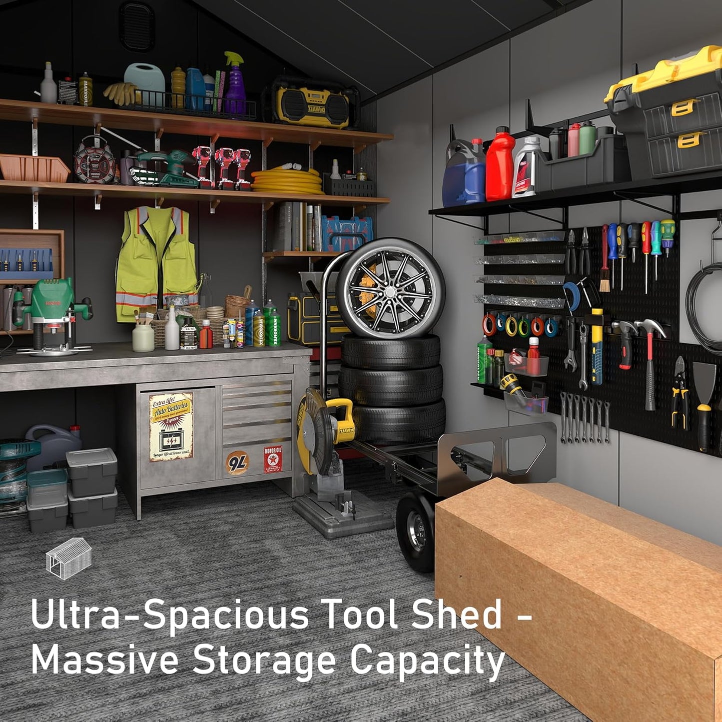 Domi 8x12 FT Outdoor Resin Storage Shed, All-Weather Double-Wall Storage Building for Backyard, Garden, Lawn Tools, Mower, Bike & Pool Equipment, Lockable Doors, Ventilated Roof, Grey