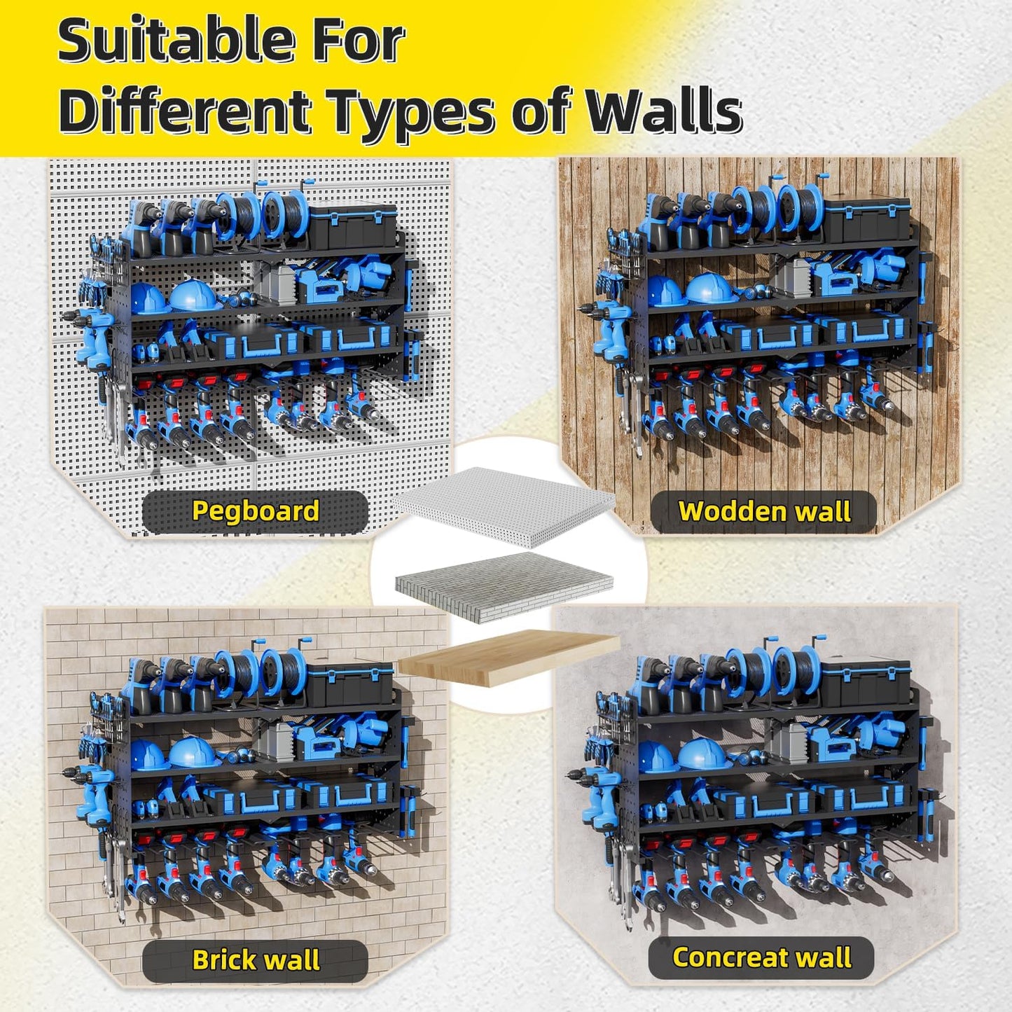 Power Tool Organizer Wall Mount with Charging Station, 4 Layers 6 Drill Holder, Heavy Duty Storage Utility Racks, Supports 600 lbs,Battery Shelf for Garage and Workbench (24 Inch 6 Drills Holder)