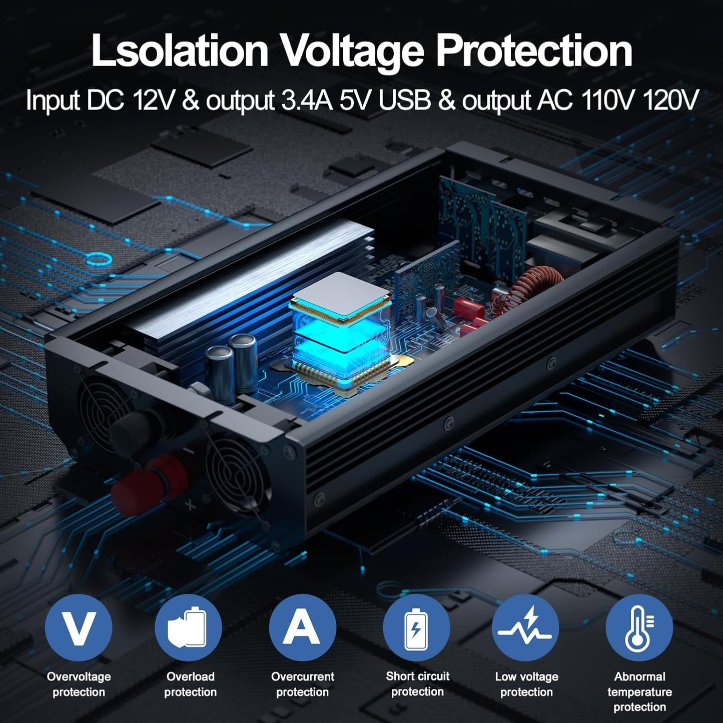 2300W Power Inverter,Peak Power 4600W 12V DC to AC 110V120V,Remote Control with 2AC Outlets and 2.4USB Port,LED Display for Power Converter,Outdoor Activities,Emergency,Vehicles Truck RV Solar System