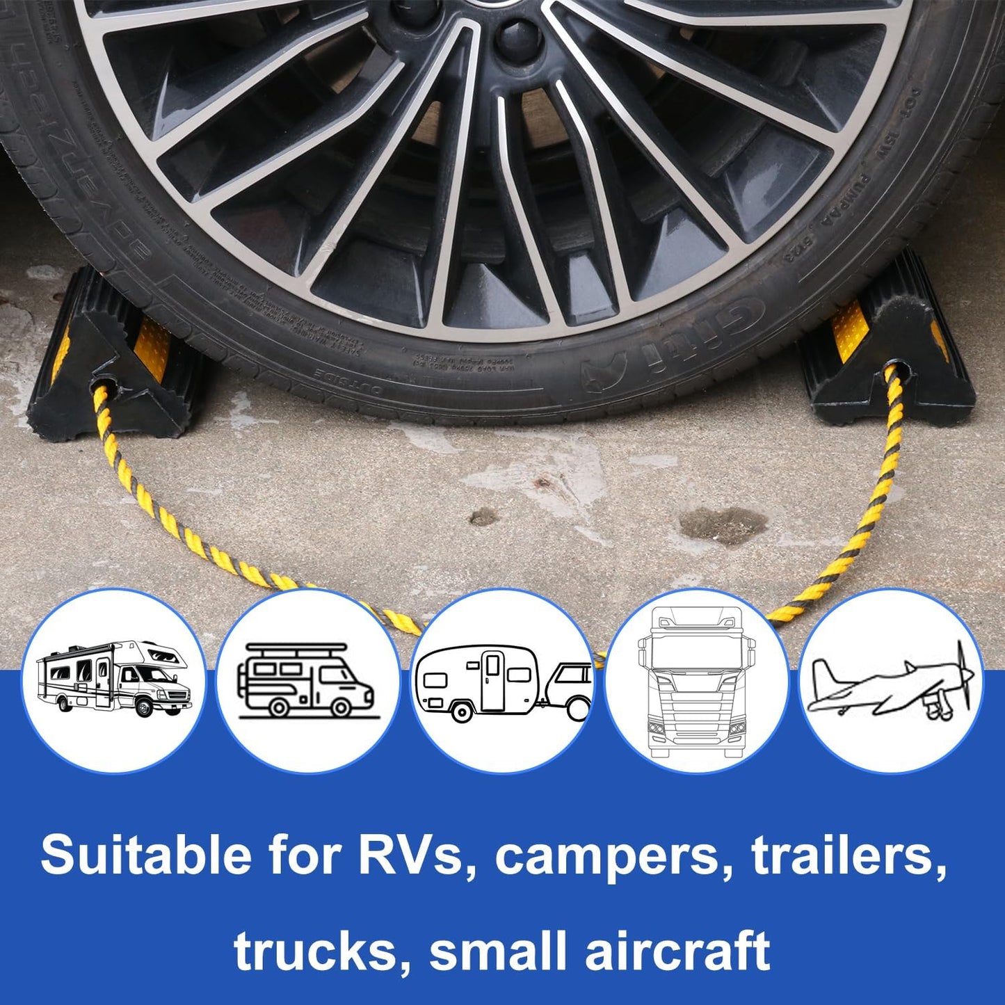 2 Pair Wheel Chocks for Travel Trailers, Rubber Tire Stopper Blocks with Rope, Rubber RV Wheel chocks Blocks, Trailer Wheel Chocks, Ideal for Travel Trailers, RVs, Cars & More