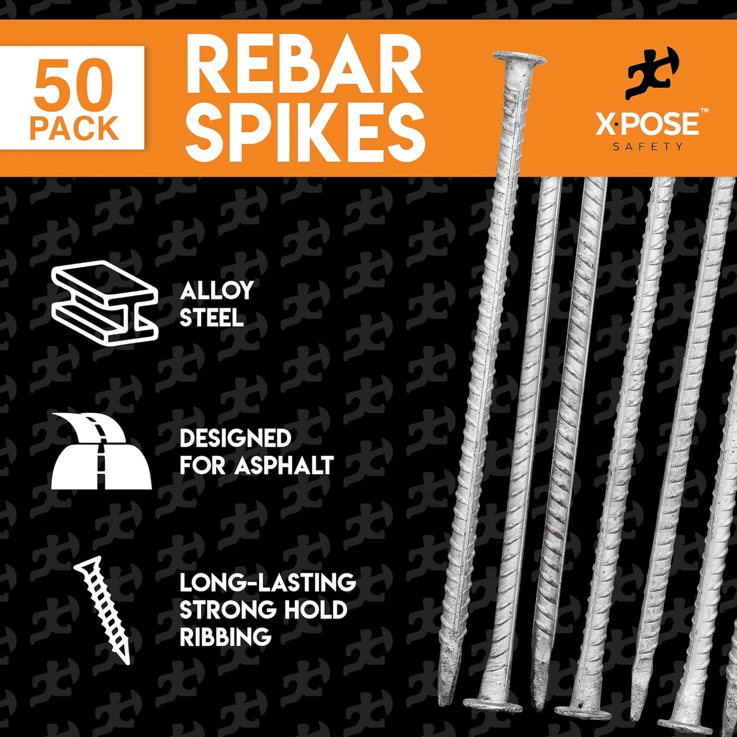 Heavy Duty Rebar Stakes 14" - 1/2" Diameter Threaded Galvanized Steel Spikes – 50 Pack Metal Ground Stakes for Speed Bumps & Wheel Stops – Support Estacas de Metal – Durable Asphalt Surface