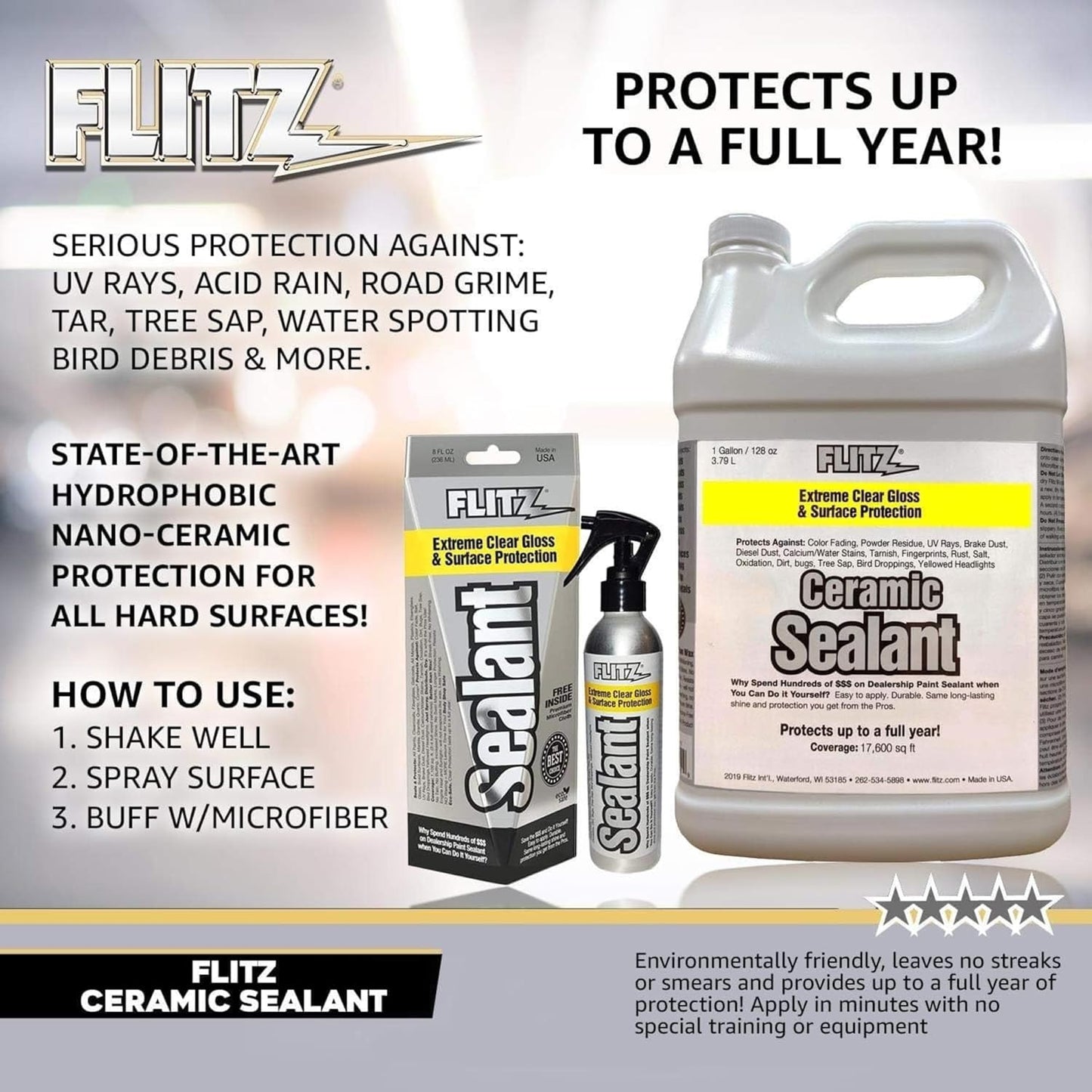Flitz Ceramic Sealant - 16oz Bottle of USA-Made Ceramic Coating for Cars, Boats, Glass - Repels Water, Polishes, and Protects for 1 Year - Ceramic Car Spray Made for All Metals, Fiberglass