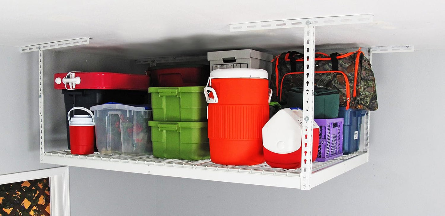 MonsterRax Overhead Garage Storage Racks 4x6, Heavy Duty Industrial Steel Construction, Ceiling Mounted Shelving Platform, 24"-45" Adjustable Hanging Storage Organizer, White (Two-Pack)