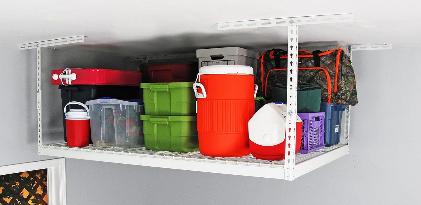 MonsterRax Overhead Garage Storage Racks 4x6 (2-Pack) Ceiling Mounted Shelving, Adjustable Hanging Storage Organizer, Heavy Duty Steel, Holds 500 Pounds, Color: White, Adjusts 12"-21” off Ceiling