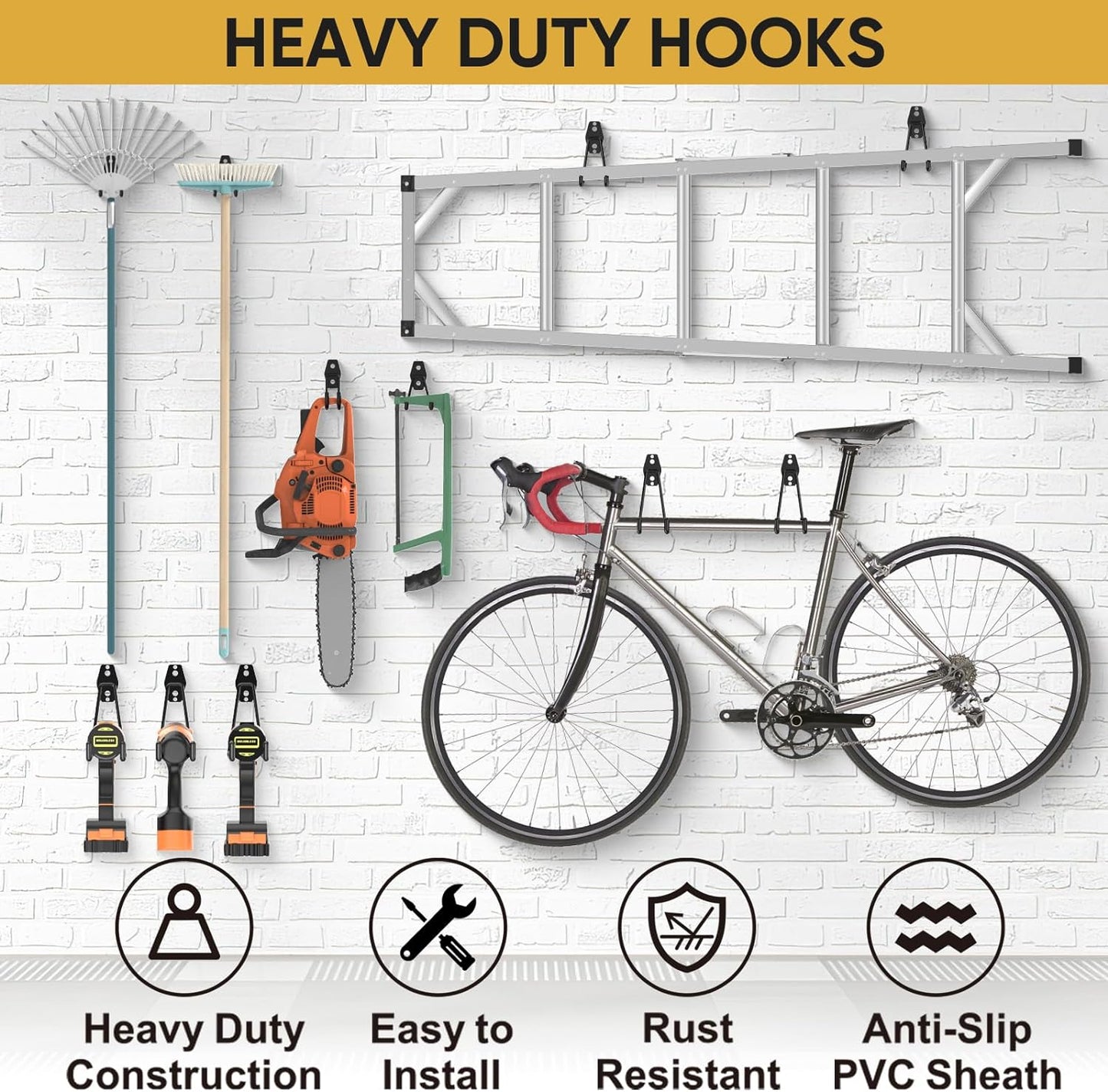 TICONN 2 Pack Heavy Duty Garage Hooks, Steel Utility Wall Storage Hooks, Wall Mount Hanger Organizer for Ladders, Bikes, Tools, Bulky Items (Small, Orange Square)