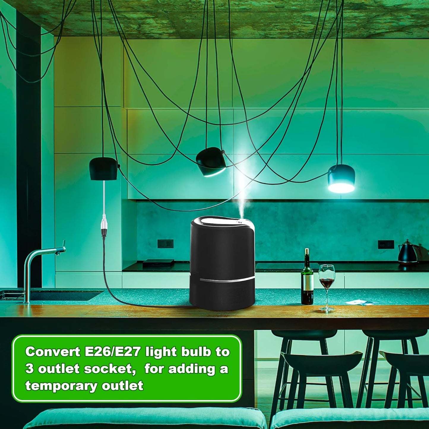 Feekoon 2 Pack 3 Outlet Light Socket Adapter, Convert E26/E27 Bulb Socket to 3 Prong Outlet with Extension Cord, Light Bulb Plug Adapter Converter Suitable for Outdoor Porch Garage Patio Use (White)