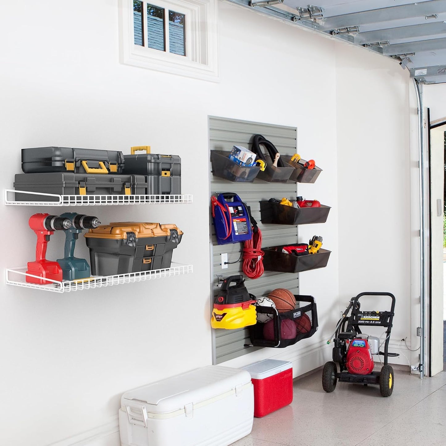 Wallmaster Heavy Duty Garage Wall Shelving 2 Pack 23.6"x11.8" Metal Wire Shelves Wall Mount Mesh Storage Rack for Garage, Office, Basement and Kithcen, max Load 65 lbs (White)