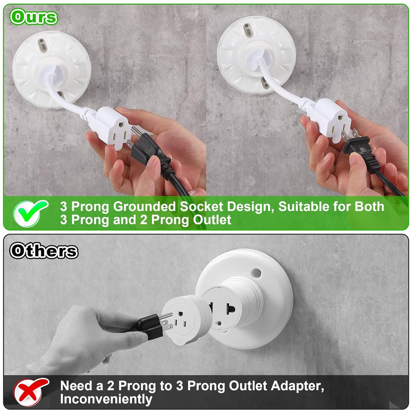 Feekoon 1 Pack 3 Outlet Light Socket Adapter, Convert E26/E27 Bulb Socket to 3 Prong Outlet with Extension Cord, Light Bulb Plug Adapter Converter Suitable for Outdoor Porch Garage Patio Use (White)