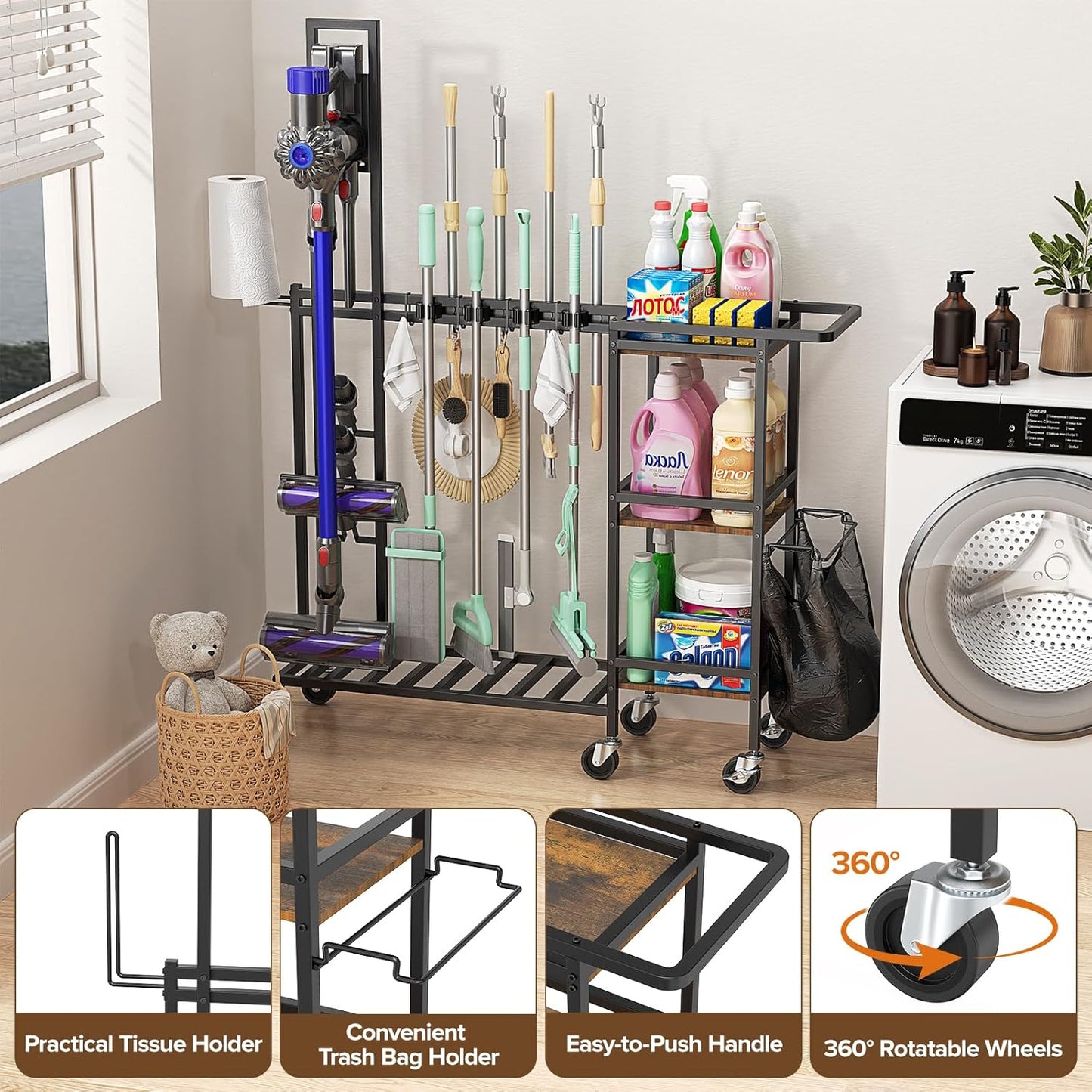 Cleaning Utility Cart on Wheels, Multifunctional Cleaning Tools Supplies Organizer with Broom and Mop Holder, Vacuum Stand Compatible with Dyson, Rolling Storage Caddy Cart for Home