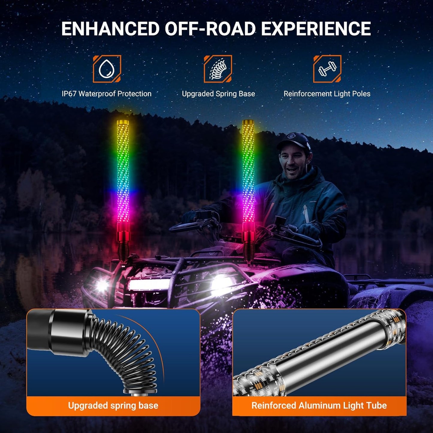 2PCS 4FT Fat Whip Lights for UTV ATV with Spring Base, Led Fatty Whip Light W/Rocker Switch & 6 Flags, Brighter Spiral Chasing Lighted Antenna Whip with APP & Remote Control for RZR SXS Can-Am