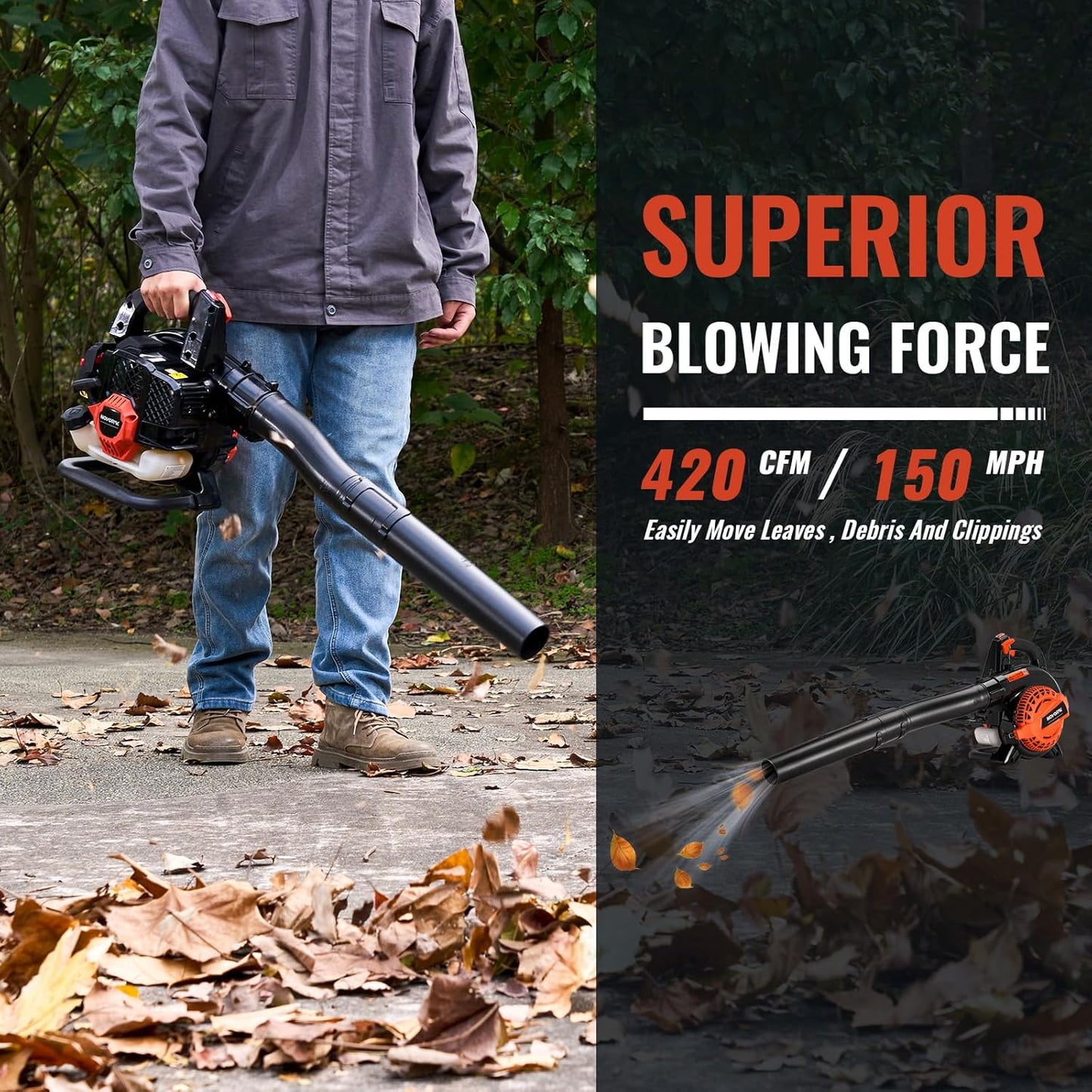 25CC Gas Leaf Blower 420-CFM, 150-MPH, 2 Cycle Handheld Leaf Blower for Lawn Care, Leaf Cleaning and Snow Removal (Orange)