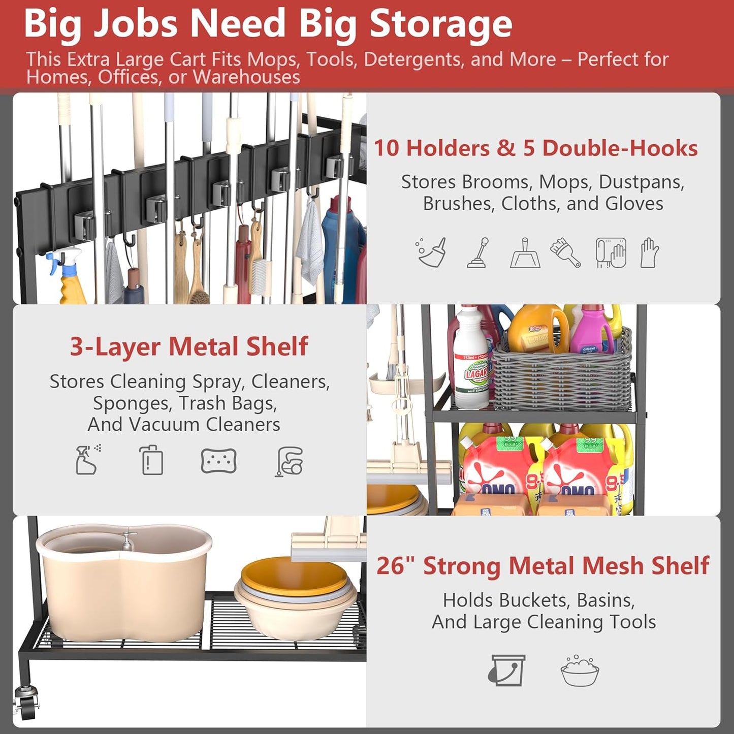 GIOTORENT Heavy Duty Metal Cleaning Cart with Wheels - 300lb Capacity Rolling Broom Holder & Supplies Organizer, 10 Adjustable Clips, 5 Double-Hooks, 3-Tier Shelves, Brakes for Home, Commercial, Black