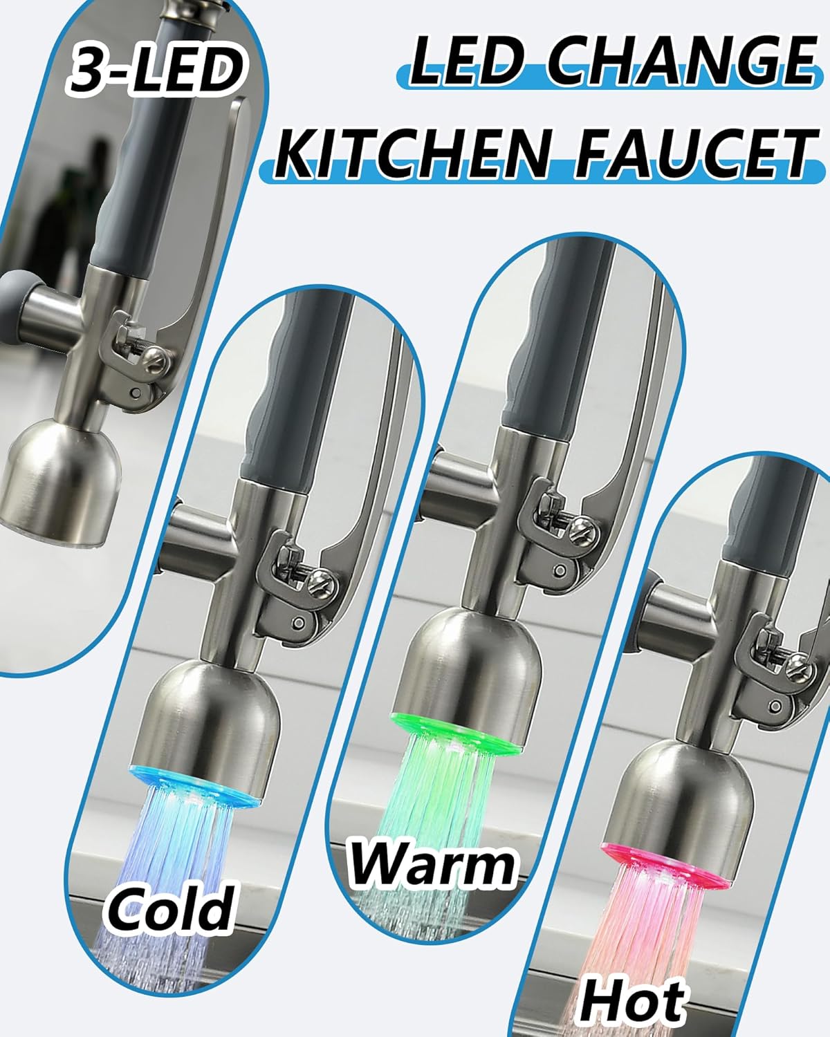 Fapully Commercial Single Handle Pull Down Sprayer Brushed Nickel Kitchen Faucet, Kitchen Sink Faucet with LED Light