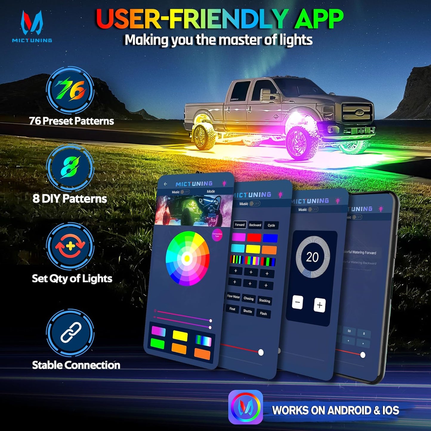 MICTUNING 2025 1000% Bright Q1 MAX RGB+IC Rock Lights, 2 Pods Chasing Dreamcolor Extensible Underglow Multicolor Neon Light Underbody Lighting Kit for Truck ATV UTV Boat (No Controller)