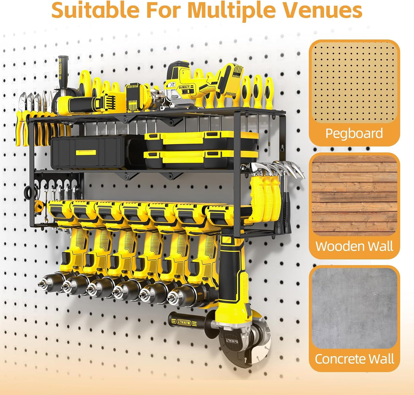 Power Tool Organizer Wall Mount Cordless,15 Min Fast Install Metal Garage Tool Storage Organizer Heavy Duty 3 Layers 7 Drill Power Tool Holder Storage Rack Tool Shelf Wall Mount for Shop Organization