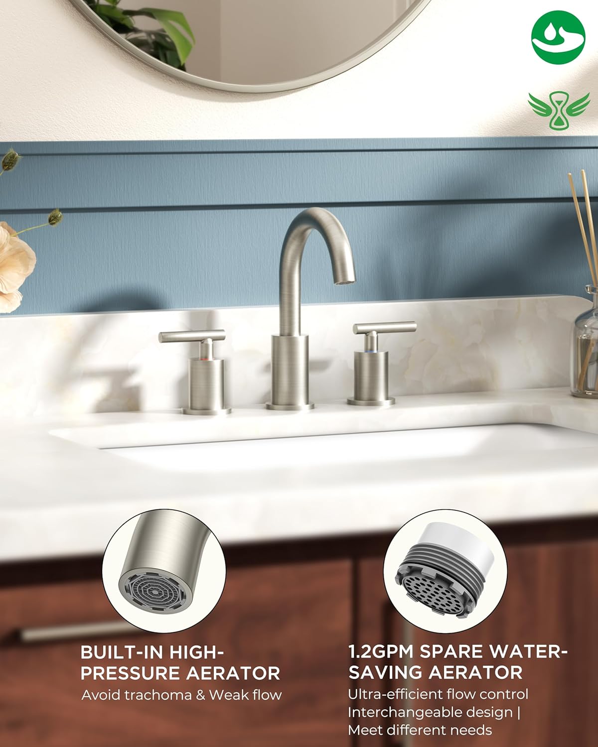 FORIOUS 8 In Widespread Brushed Nickel Bathroom Faucet 3 Hole with Metal Pop Up Drain and 24 Inch Supply Hose, 2 Handle 3 Hole Vanity Faucet for Bathroom Sink Brush Nickel with 360 Degree Swivel Spout