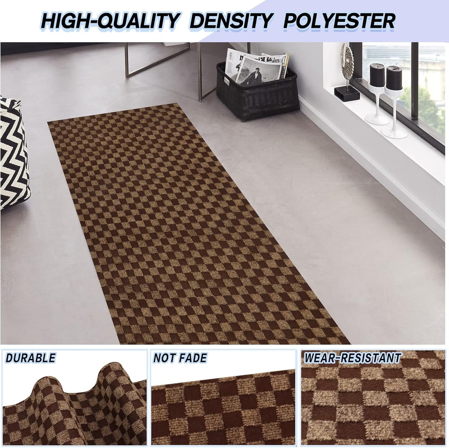 Custom Size Backed Non-Slip Area Rugs Runner, Easy Clean, Waterproof Runner Rugs for Hallway Entryway, Kitchen, Laundry, 2FT x 48FT, Brown Checkered