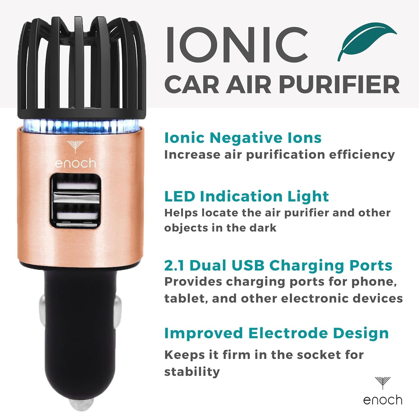 Enoch Car Air Purifier Premium Air Ionizer - 12V Plug-In Ionic Ozone Deodorizer Accessory with Dual USB Car Charger - Eliminates Cigarette Smoke, Pet and Food Odors, Dust (Rose Gold)