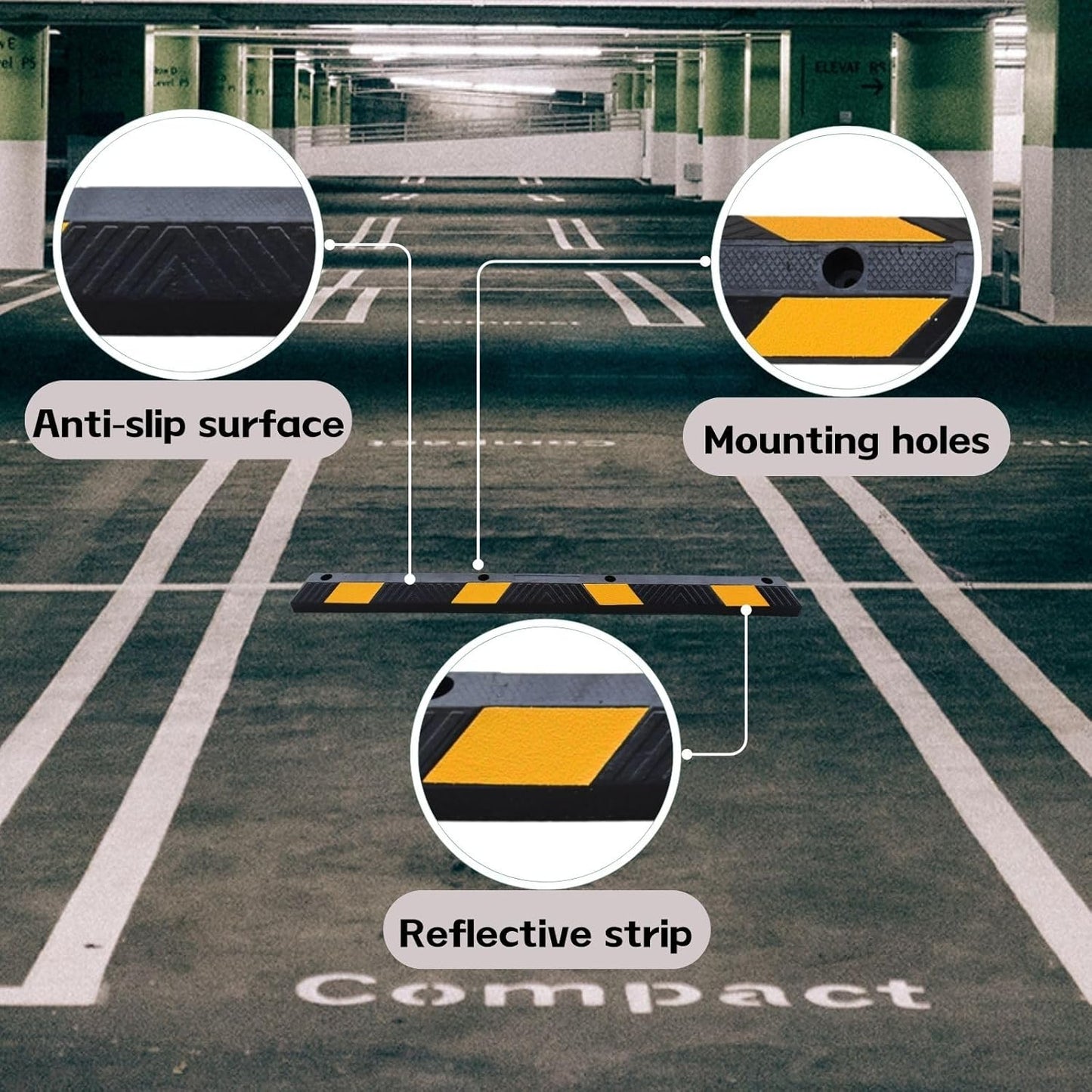 Heavy-Duty Parking Curb Wheel Stop - Driveway Vehicle Stopper for Cars, Trucks & RVs - Durable Rubber Car Barrier with Reflective Strip - Garage & Parking Lot Safety Curb Ramp (72" - 2Pack)