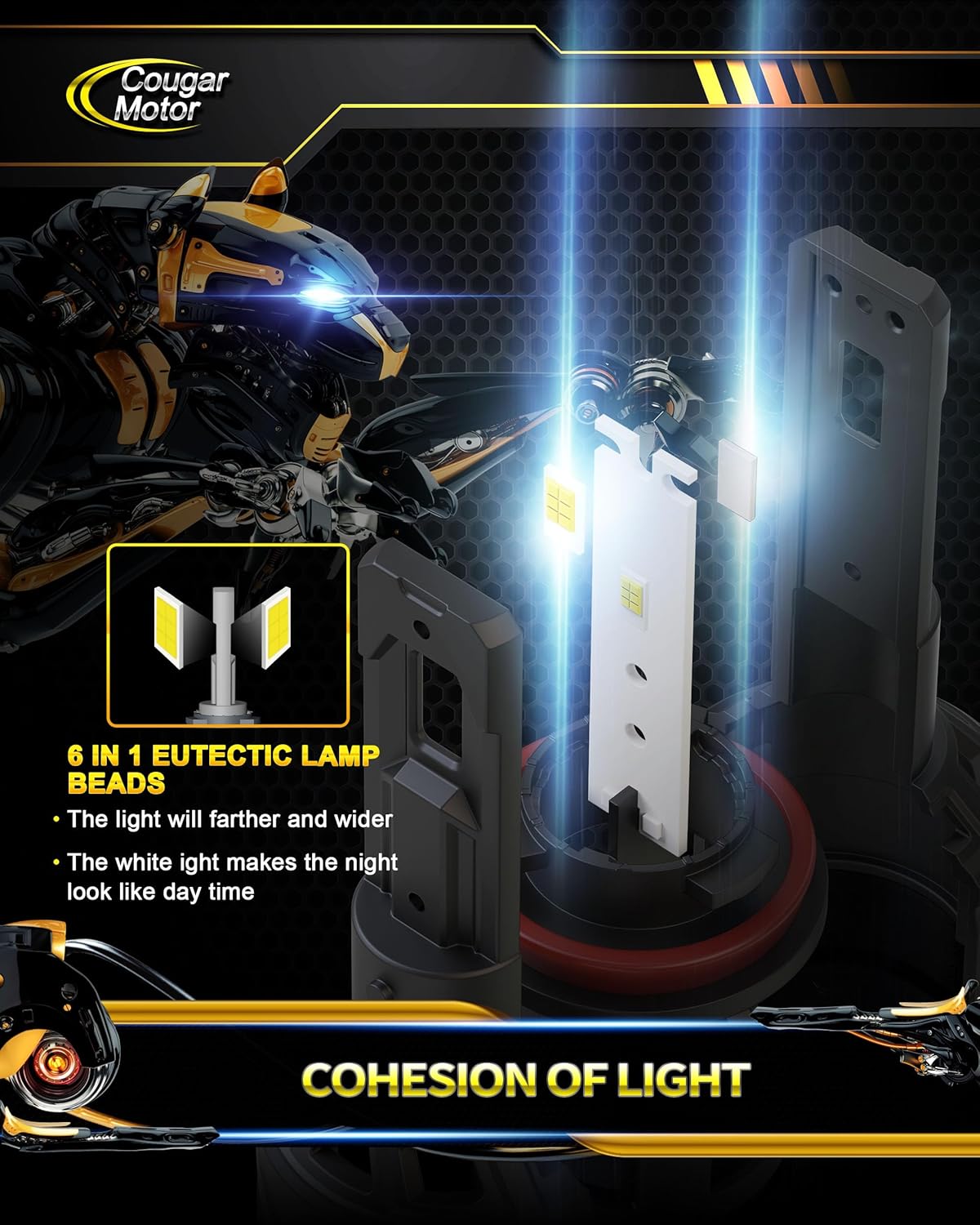 Cougar Motor 9005 H11 Bulbs, HB3 H8 H9 Fog Lights Combo(2 Sets) 6500K White Non-Polarity Fog Bulb or Off-Road Use Plug and Play - Pack of 4