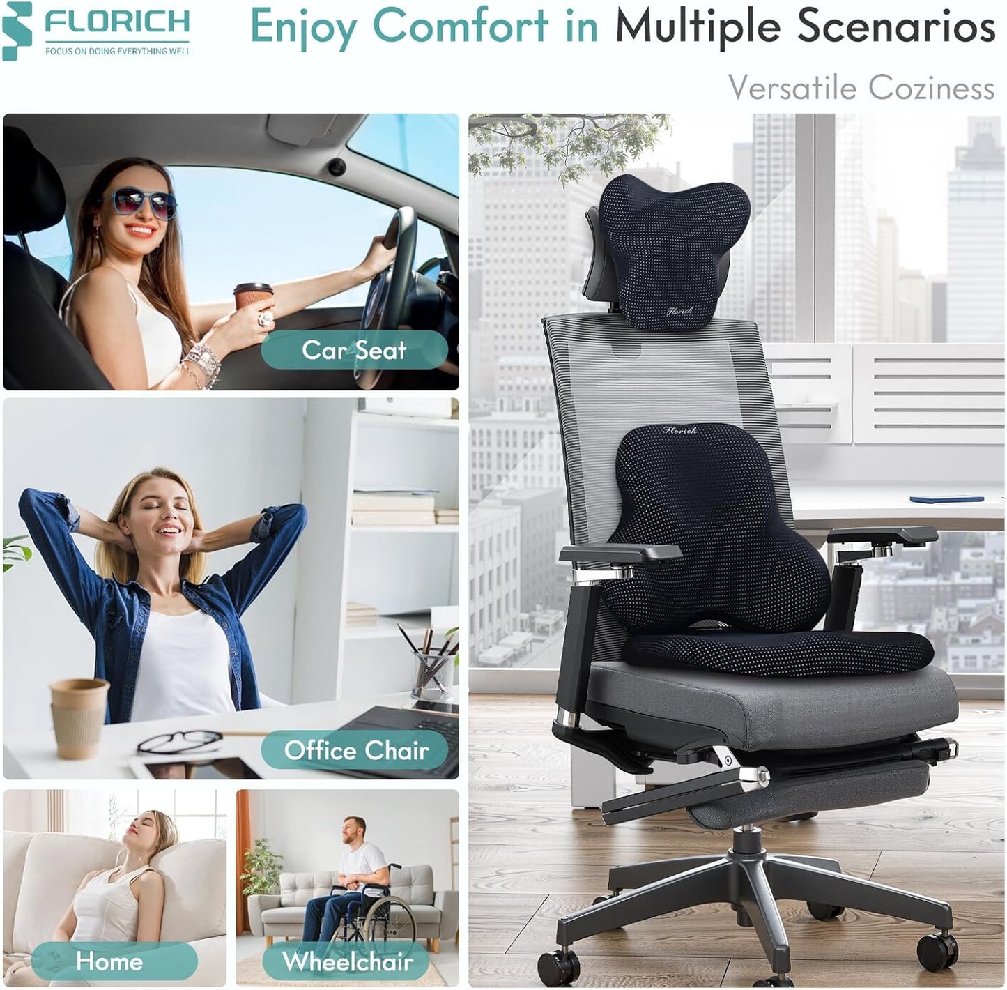 FLORICH Car Seat Cushion and Lumbar Support Pillow for Office Chair Car, Neck Headrest Pillow, Ergonomic Memory Foam, Pressure-Relieving Back Support for Car, Office Chair & Wheelchair – Black
