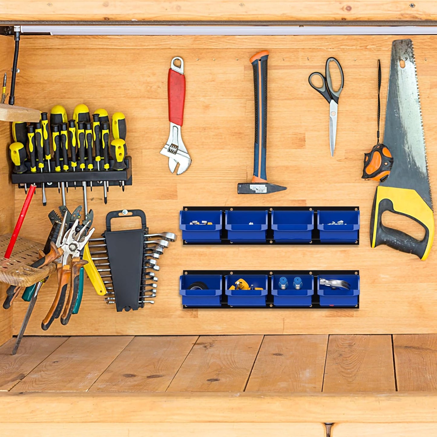 UNITEDPOWER wall mounted garage storage bin, Parts Rack, Plastic Hanging Stackable Storage Bin, Hardware Tool Organizer for workshop, Craft Room, school and Shop, 8 Bins&2 Rails (Blue), Large