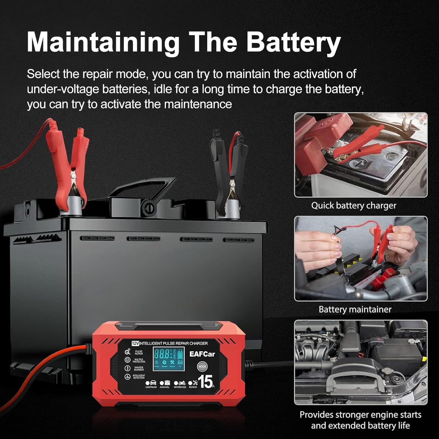 15-Amp Battery Charger, 12V Trickle Charger Car Battery Charger, Smart Automatic Lead Acid Charging with Temperature Compensation for Car Truck Lawn Mower Boat Marine(15A)