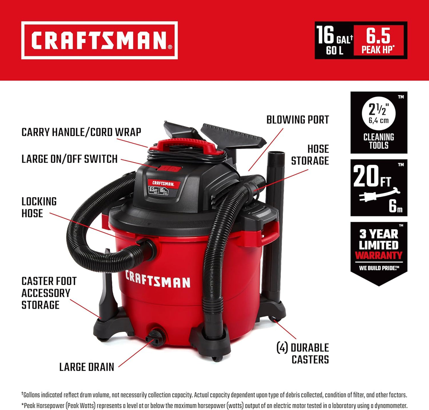 CRAFTSMAN CMXEVBE17595 16 Gal. 6.5 Peak HP Wet/Dry Shop Vacuum with Filter, Dust Bag, Hose, Attachments and CMXEVBE17250 2.5 Gal. 2.5 Peak HP Portable Vac with Filter Bag, Hose and Attachments