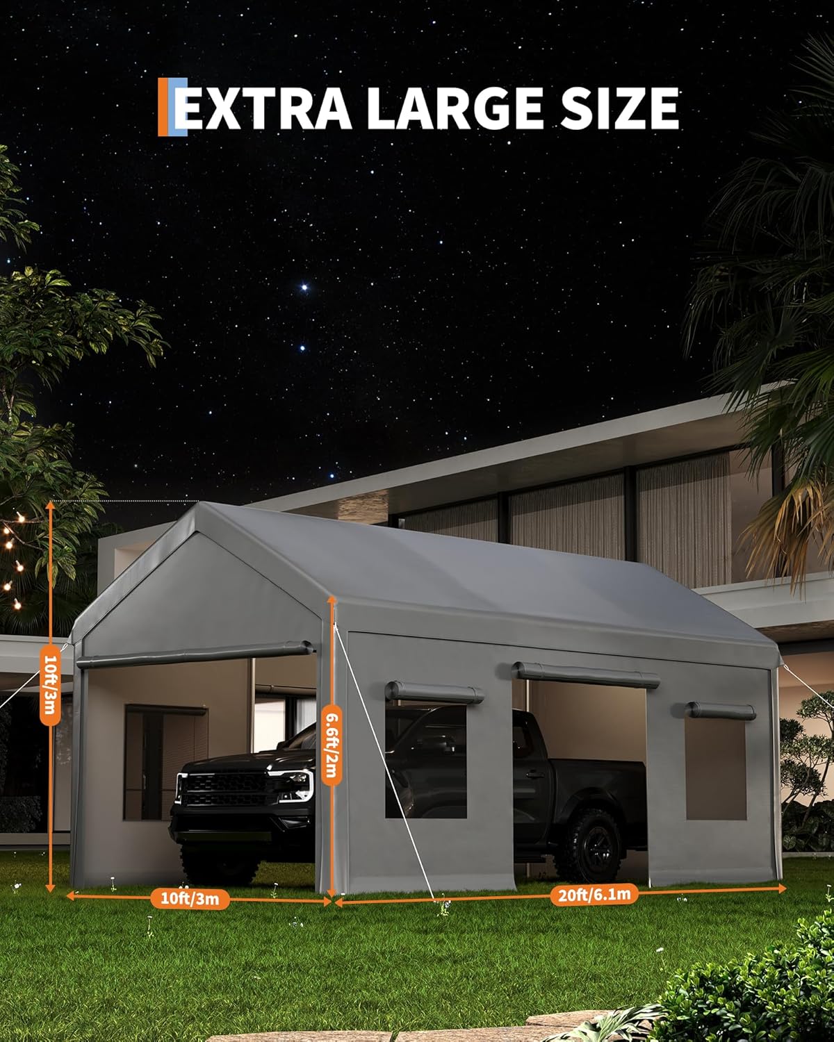 10x20 Ft. Metal Carport Garage with PE Fabric and Galvanized Steel Frame Outdoor Shelter for Cars, Trucks and Boats with 4 Doors and Mesh Windows for Ventilation - Grey