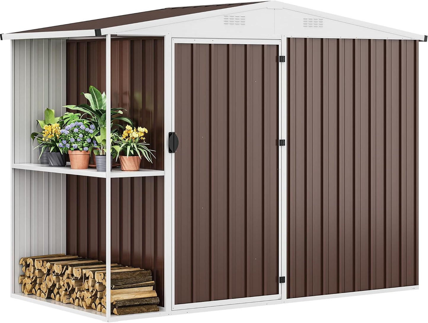 DWVO Outdoor Storage Shed 8x4FT with Rack, Metal Garden Shed with Storage Shelves, Bike Storage Tool Cabinet Box for Lawn Backyard Patio Use, Brown