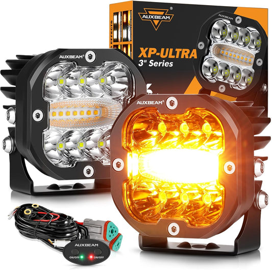 Auxbeam 3 Inch 96W Amber White LED Light Pods XP-Ultra Series 6 Modes Dual Color Fog Light Cube Spot Flood Combo Strobe Lights Driving Offroad Ditch Lights for Truck Jeep, Pair