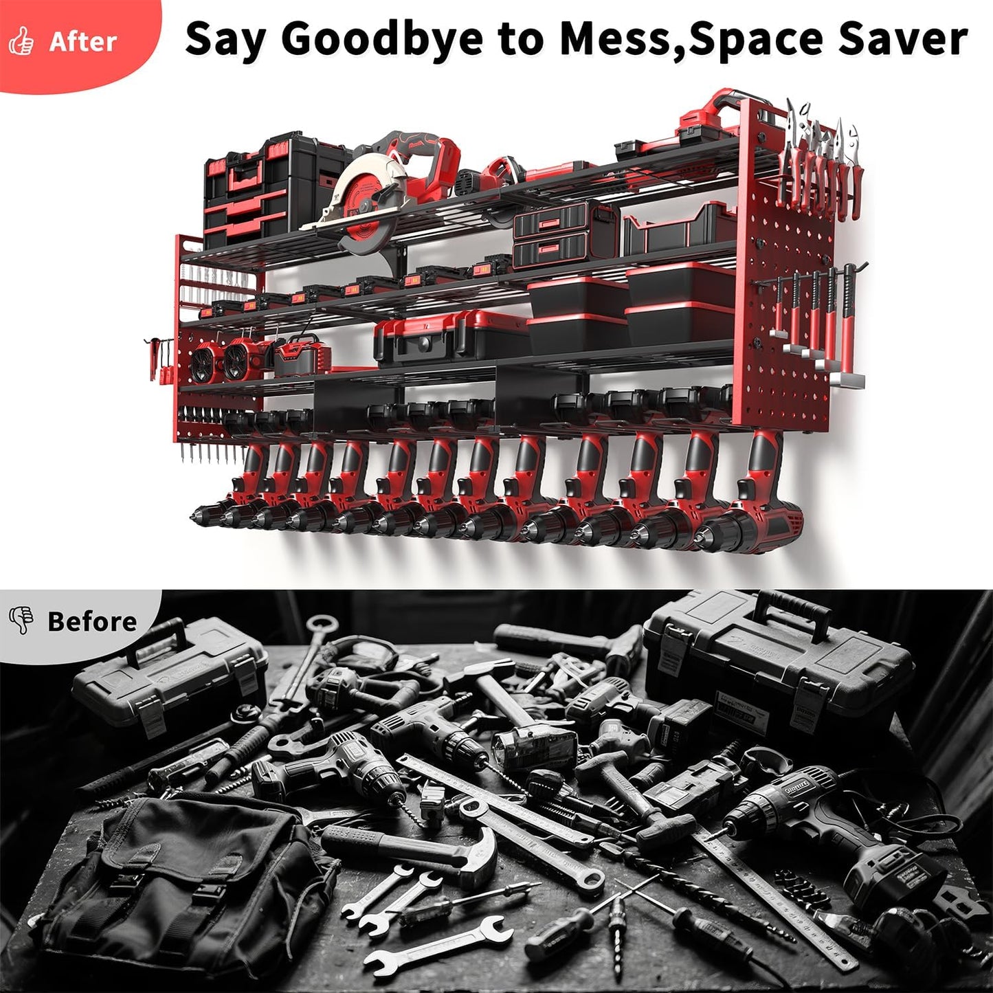 Power Tool Organizer Wall Mount with 12 Drills Holder, 49" Heavy Duty 4-Tier Power Tool Storage Rack, DIY Pegboard Side Panels,4 Long Hooks, Garage Metal Tool Shelf for Battery,Drills