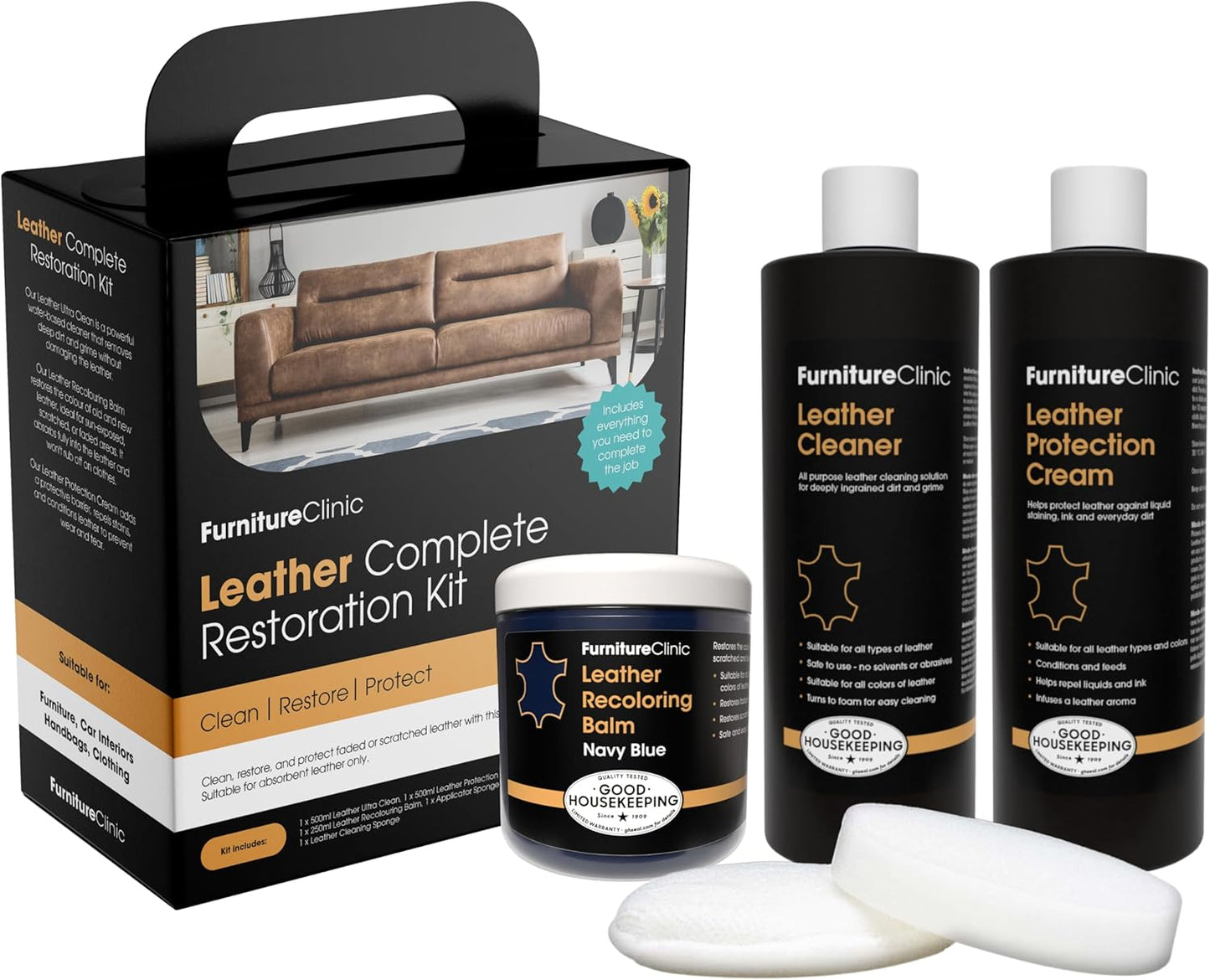 Furniture Clinic Leather Complete Restoration Kit | with Leather Recoloring Balm, Cleaner, 2-in-1 Protection Cream & Conditioner, Sponge, and Cloth | Repair Kit for Furniture (Navy Blue)