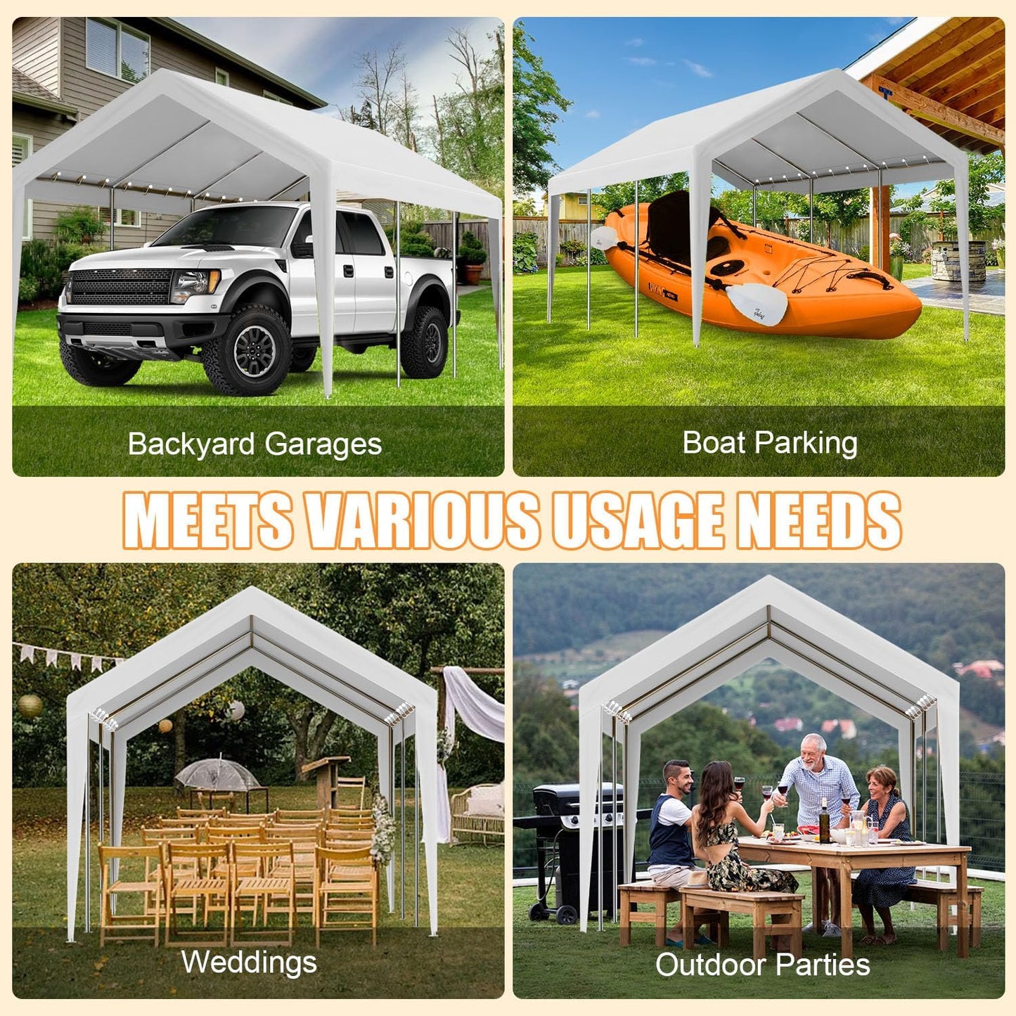 10'x20' Canopy Replacement Cover, Beefull Carport Replacement Canopy for Car Garage, Waterproof & UV Protected Tarp with Ball Bungees, White (Frame is not Included)