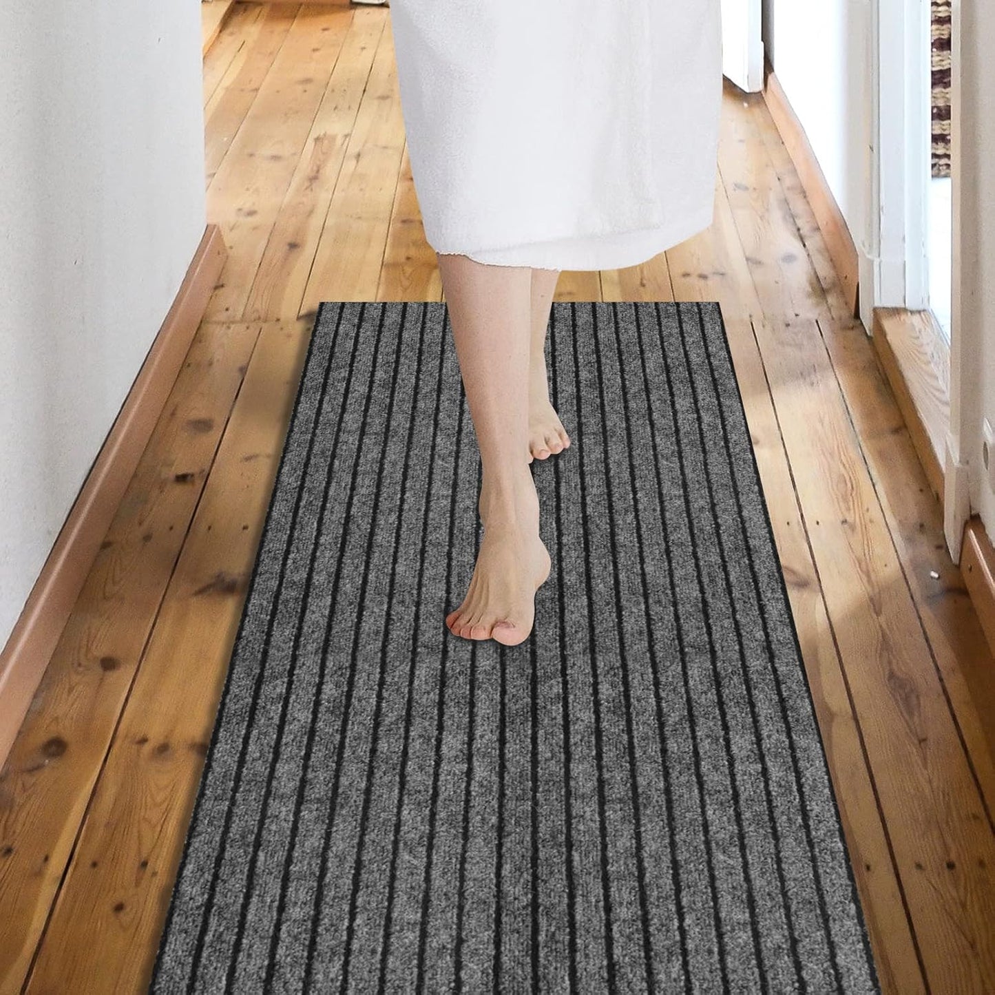 Custom Size Backed Non-Slip Area Rugs Runner, Easy Clean, Waterproof Runner Rugs for Hallway Entryway, Kitchen, Laundry, 3FT x 23FT, Gray Stripe
