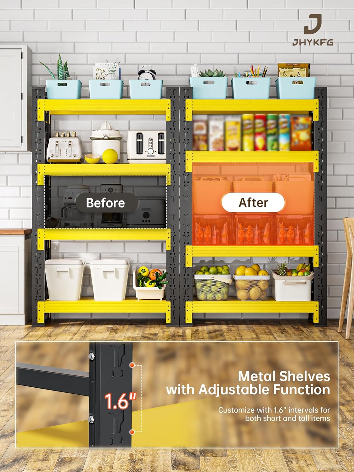 4-Tier Storage Shelves,79" H Heavy-Duty Garage Shelving Unit,Adjustable Industrial Metal Shelf System,5,000lbs Capacity,Tool Organizer for Garage,Workshop,60" W*24" D*79" H,Black&Yellow