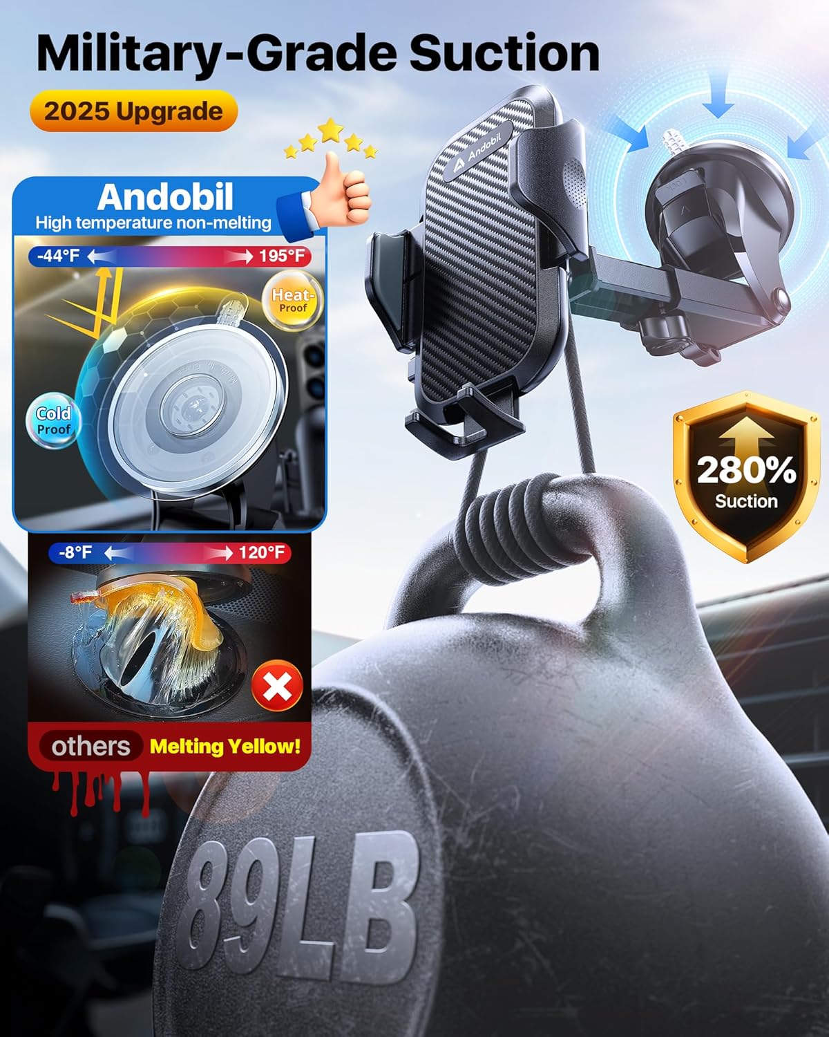 andobil Car Phone Holder, 2025 Military-Grade 85lbs Strongest Suction Phone Holders for Your Car Dashboard/Windshield/Vent Easy Clamp Cellphone Holder Truck Stand for iPhone 16 15 14 Pro Max Samsung