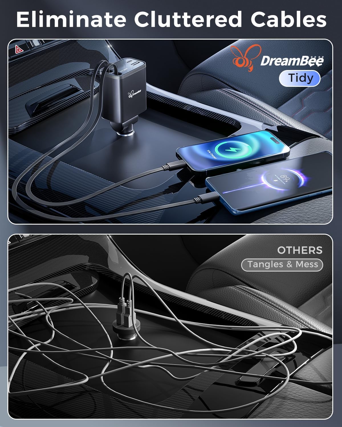 DreamBee Retractable Car Charger,custom-made modelRetractable Cables (31.5 inch) and 2 USB Ports Car Charger, PT-27