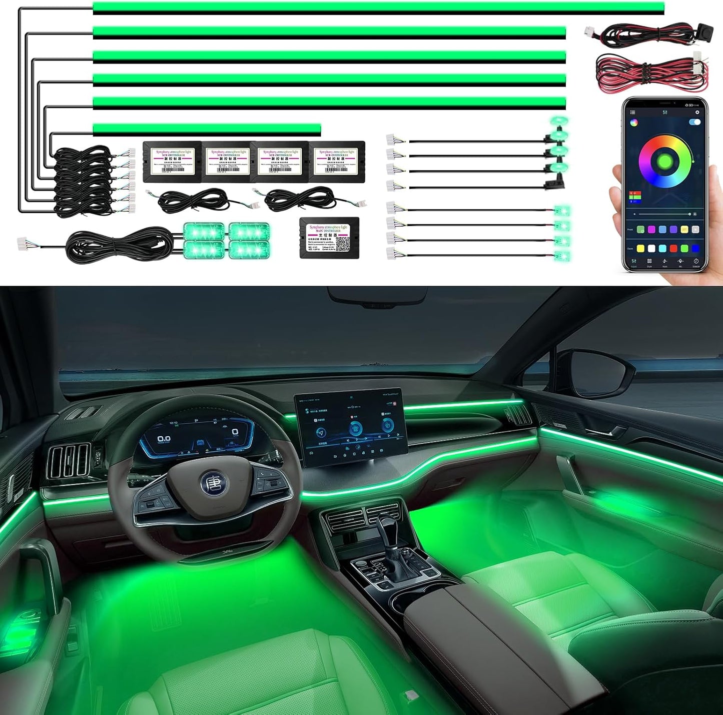Acrylic Interior Car LED Strip Light, AMKI Car Neon Light with APP Control, 16 Million Colors Sound Activated Car Accessories Car Ambient Lighting Kit with RGB 18 in 1 and 213 Modes 175 inches 593 LED