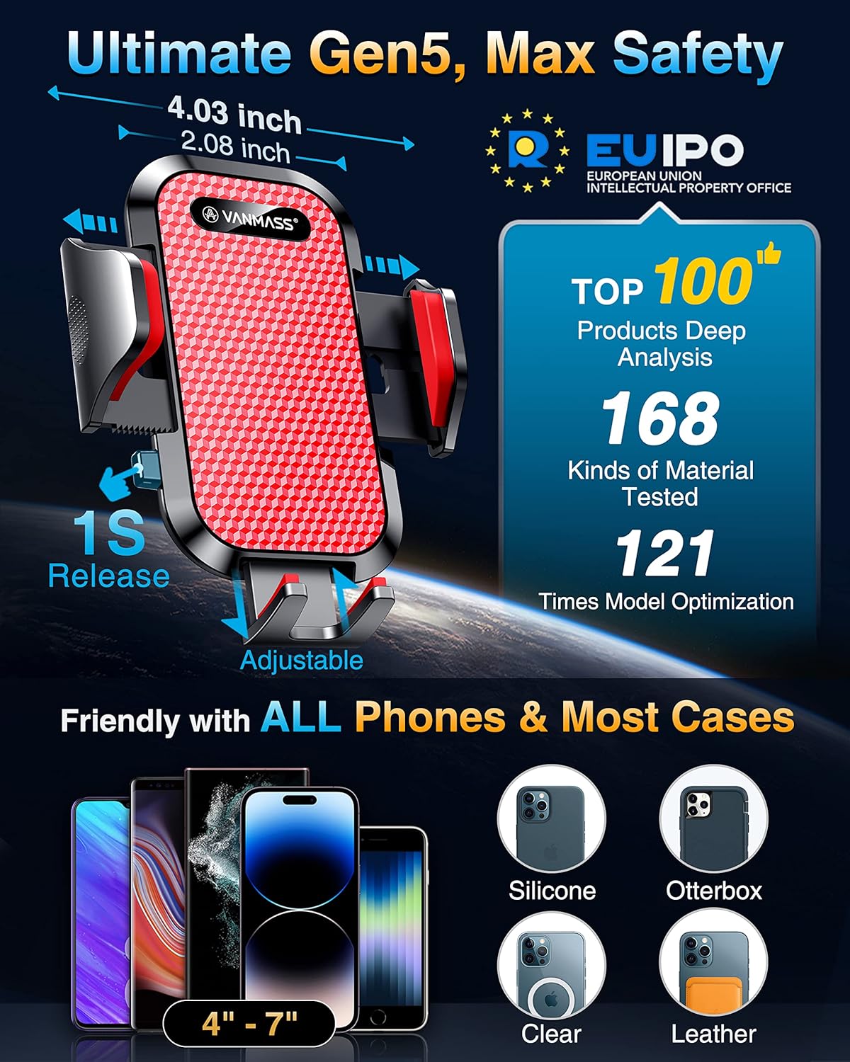 VANMASS [True Military-Grade] Car Phone Holder [Best Suction & Clip] Cell Phone Mount for Dashboard Windshield Vent Truck Cradle Dash Stand for iPhone 15 Pro Max 14 13 12 Android, Red