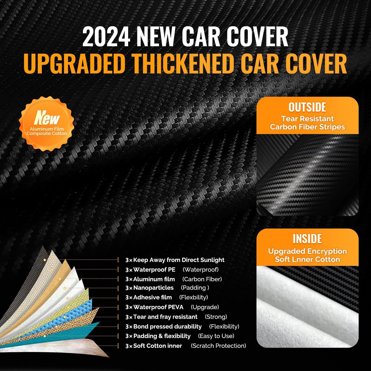 30 Layers SUV Car Cover for Automobiles All Weather Waterproof, Outdoor Snowproof UV Protection Windproof, Door Zipper, Soft Cotton, Heavy Duty Universal Car Covers, (Black, Fit SUV 191"-200")